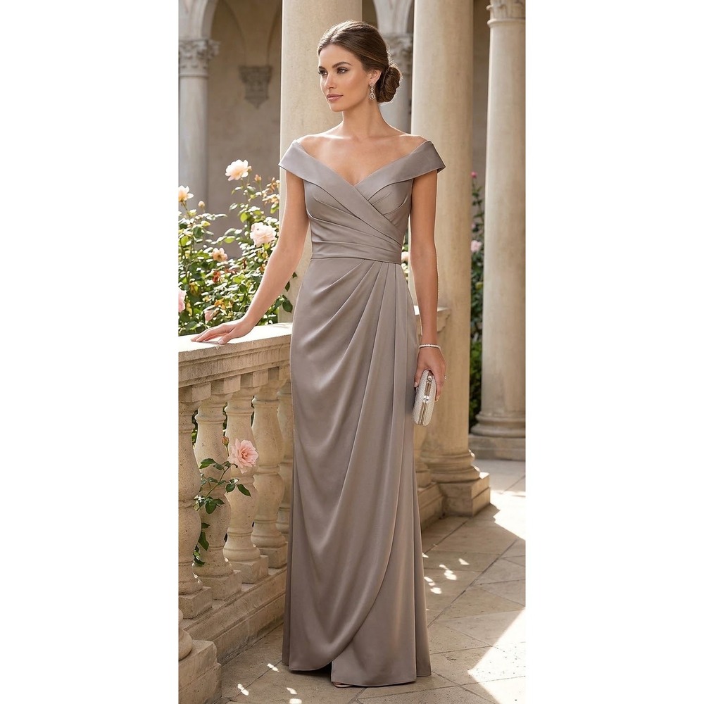 La Femme Taupe Off The Shoulder Pleated Ruched Formal Evening Gown Size 4 Glam